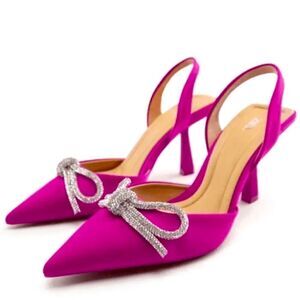 NWT ZARA Fuchsia Pink Satin Embellished Crystal Bow Sling Back Heels‎ Sz 6.5